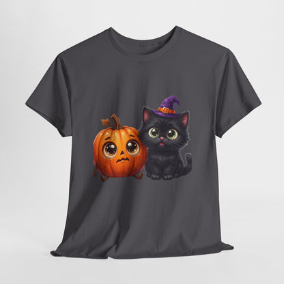 Halloween Black Cat & Pumpkin T‑Shirt — Cute Witch Hat Kitty Fall Tee