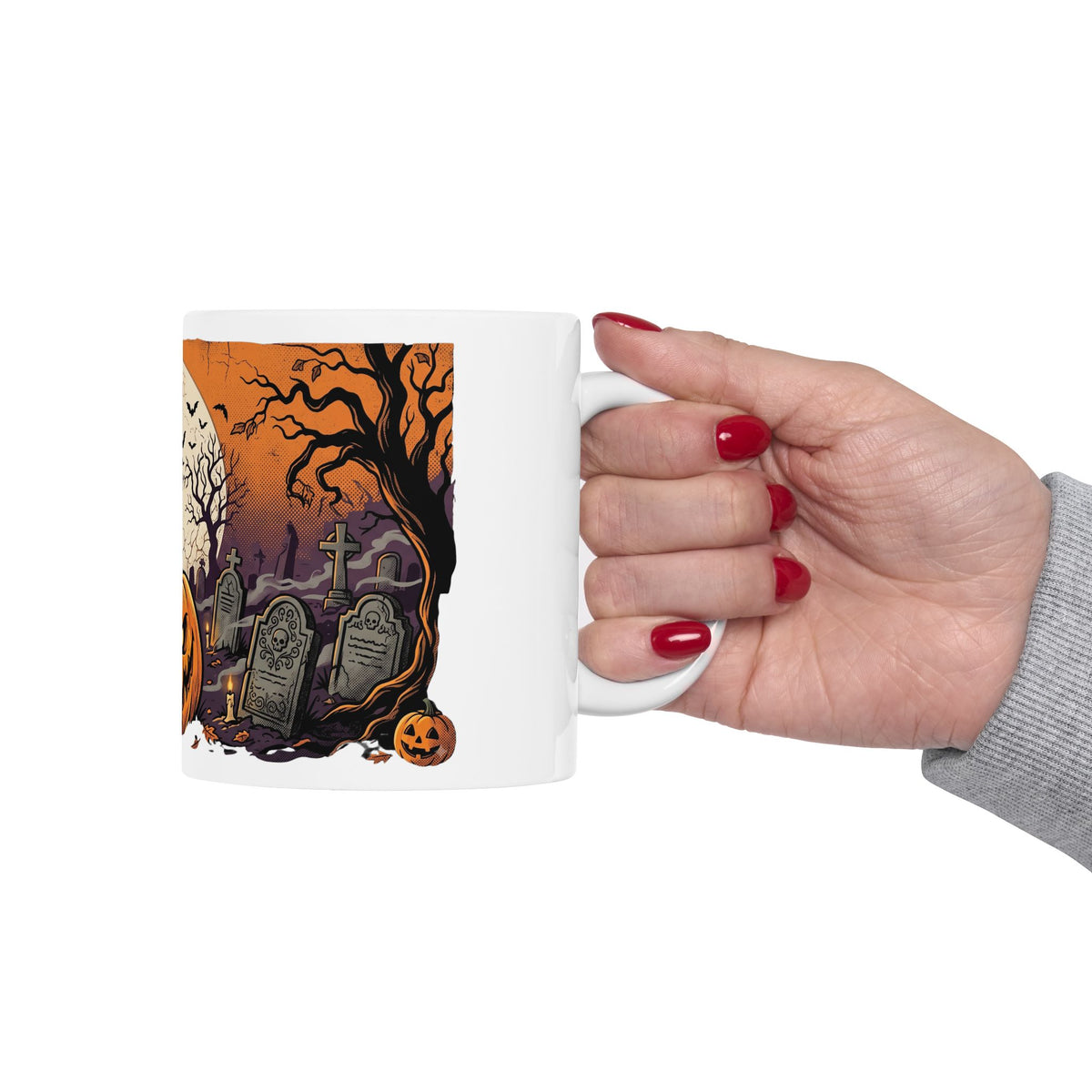 Halloween Pumpkin Mug — Spooky Graveyard Jack-o'-Lantern Ceramic Coffee Cup (11oz/15oz)