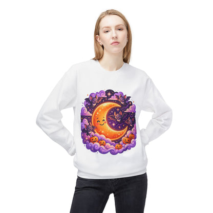 Halloween Moon Crewneck Sweatshirt — Cute Smiling Moon, Pumpkins & Bats Pullover