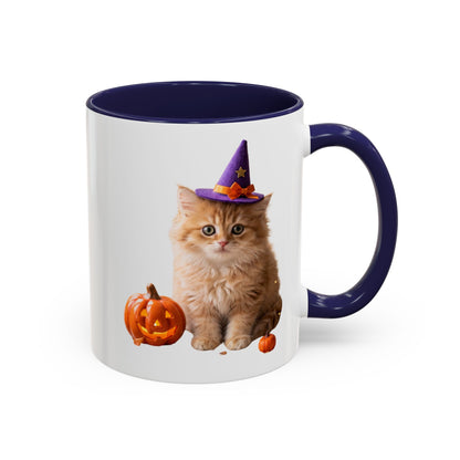 Halloween Cat Coffee Mug with Witch Hat and Pumpkin