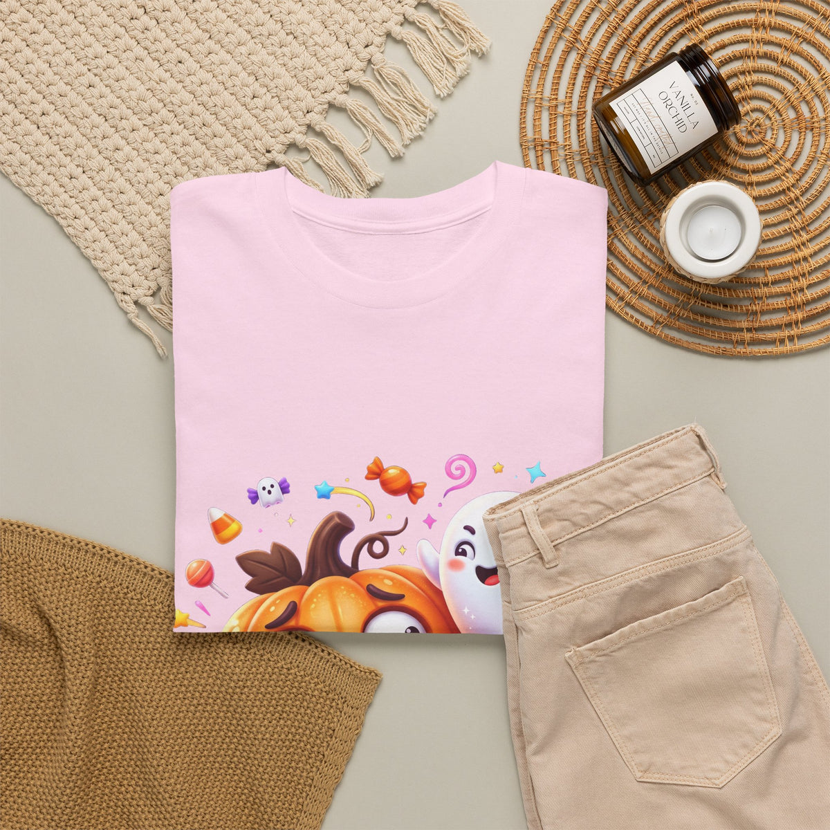 Cute Halloween Pumpkin & Ghost Tee — Scared Pumpkin Candy Graphic T-Shirt