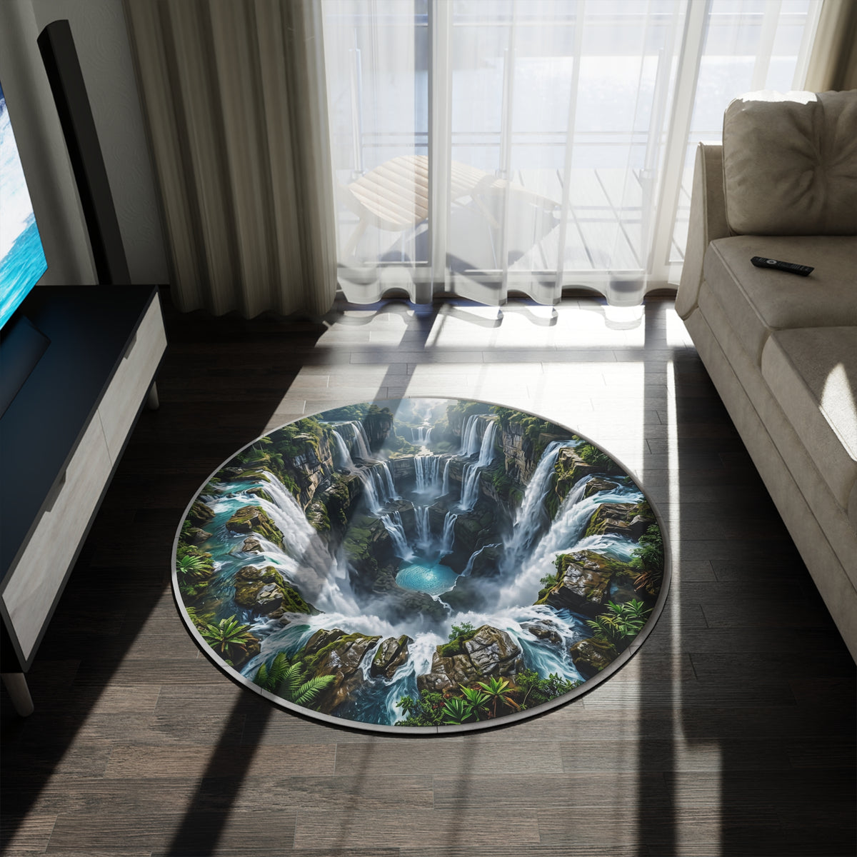 Waterfall Oasis Round Rug – Lush Jungle Cascade Floor Decor