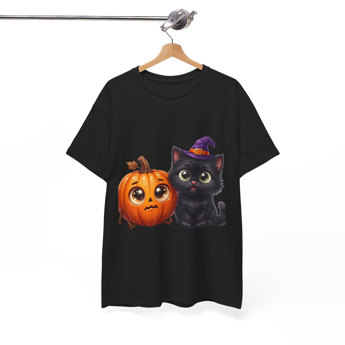 Halloween Black Cat & Pumpkin T‑Shirt — Cute Witch Hat Kitty Fall Tee