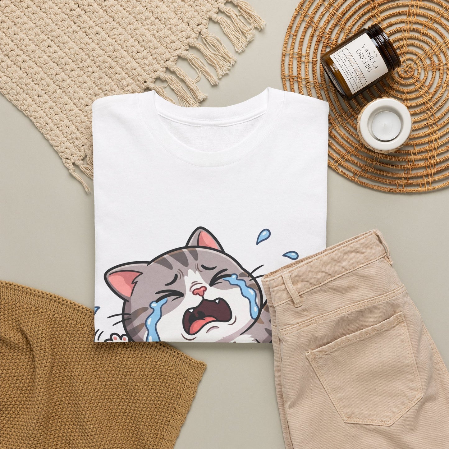 Crying Cartoon Cat T-Shirt — Cute Kawaii Kitten Graphic Tee