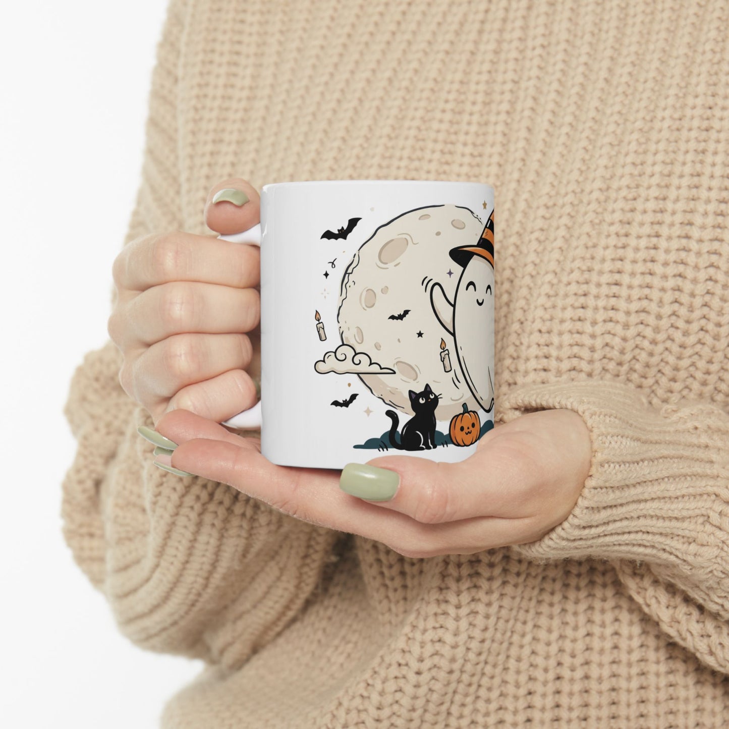 Halloween Ghost Ceramic Mug — Cute Ghost with Witch Hat, Pumpkins & Cats (11oz/15oz)