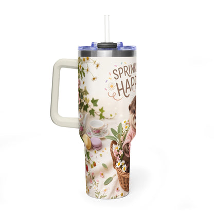 40oz Tumbler – “Sprinkled with Happiness” Puppy Floral Drink Cup