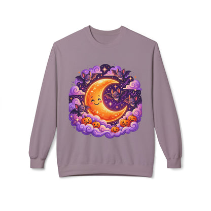 Halloween Moon Crewneck Sweatshirt — Cute Smiling Moon, Pumpkins & Bats Pullover
