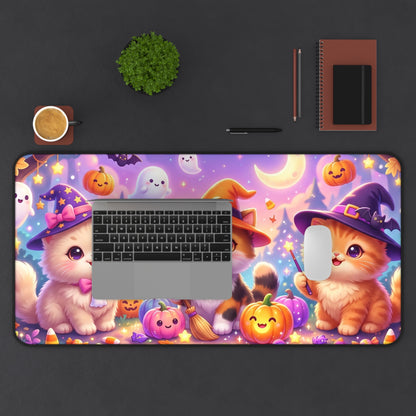Halloween Kittens Desk Mat — Cute Witch Cat Pumpkins Gaming Mouse Pad