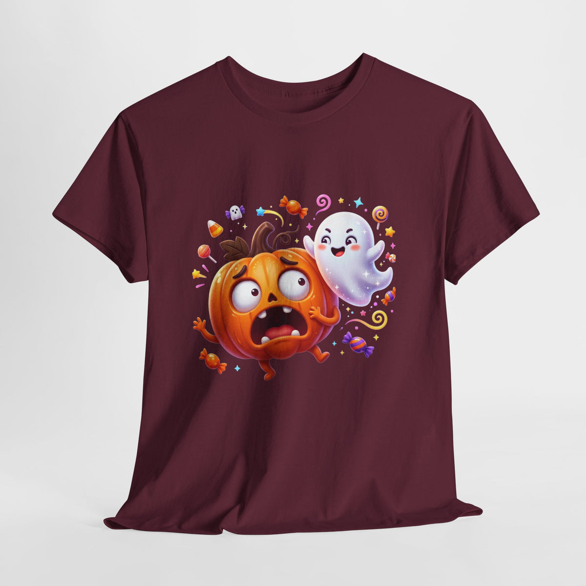 Cute Halloween Pumpkin & Ghost Tee — Scared Pumpkin Candy Graphic T-Shirt
