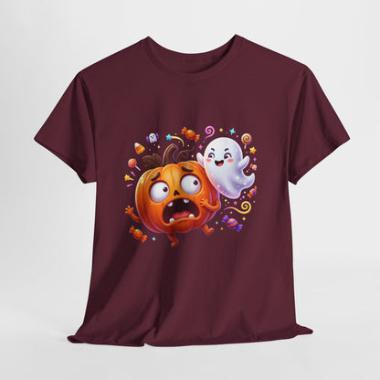 Cute Halloween Pumpkin & Ghost Tee — Scared Pumpkin Candy Graphic T-Shirt