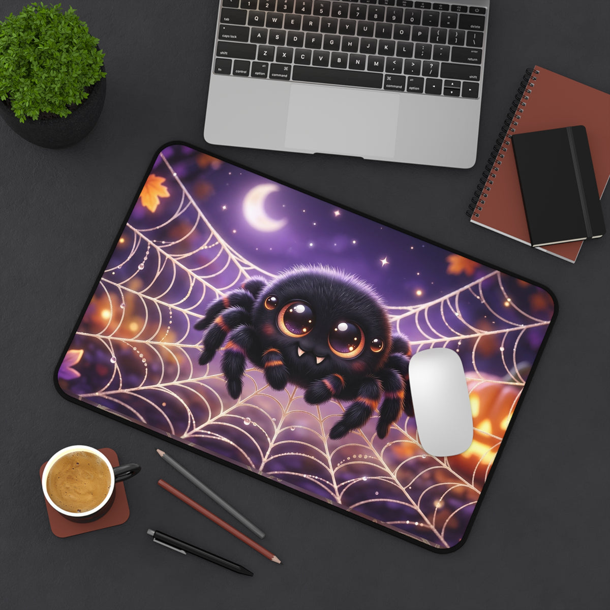 Cute Halloween Spider Desk Mat — Kawaii Spider on Pumpkin & Web Mousepad
