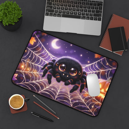 Cute Halloween Spider Desk Mat — Kawaii Spider on Pumpkin & Web Mousepad