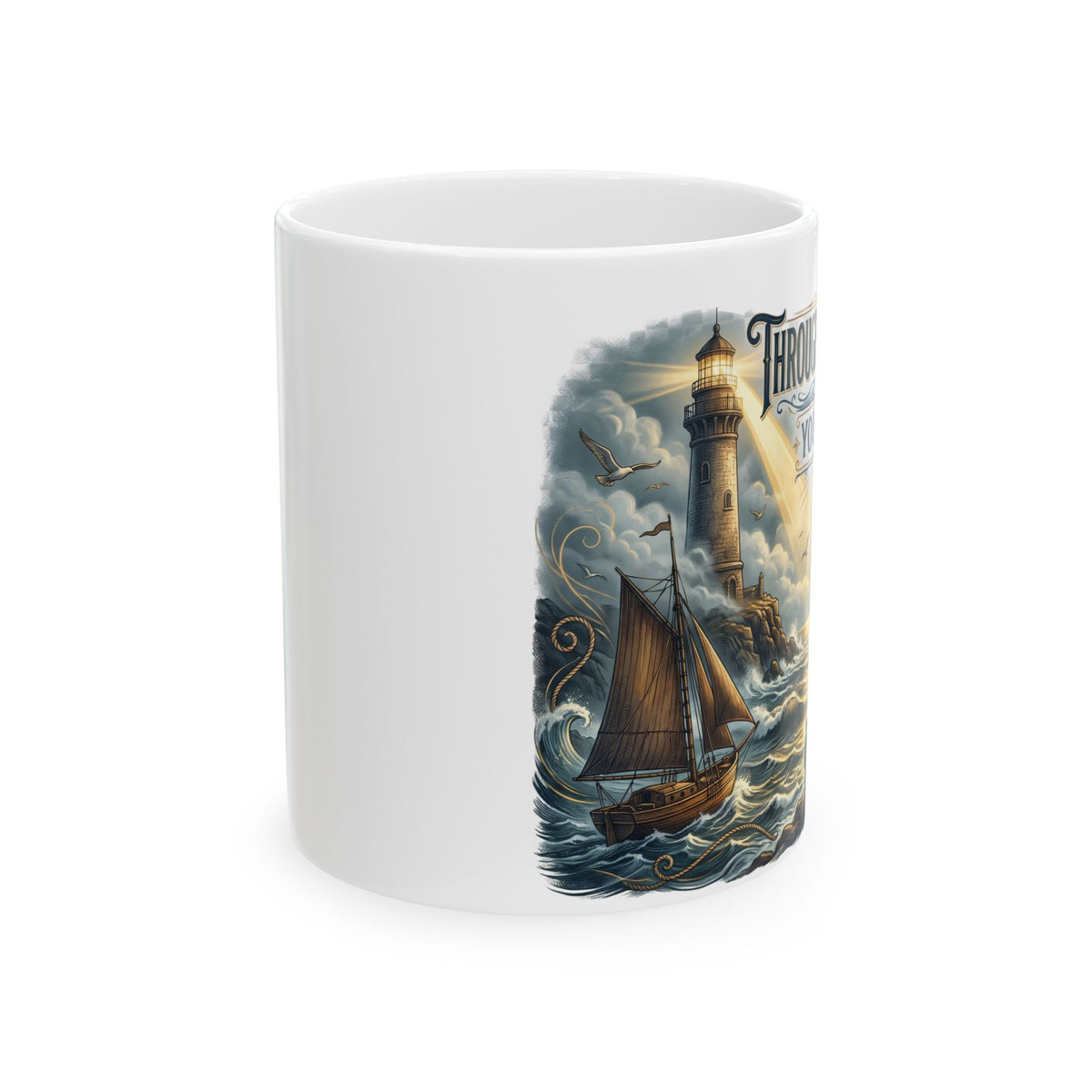 Vintage Lighthouse Sailboat Ceramic Mug