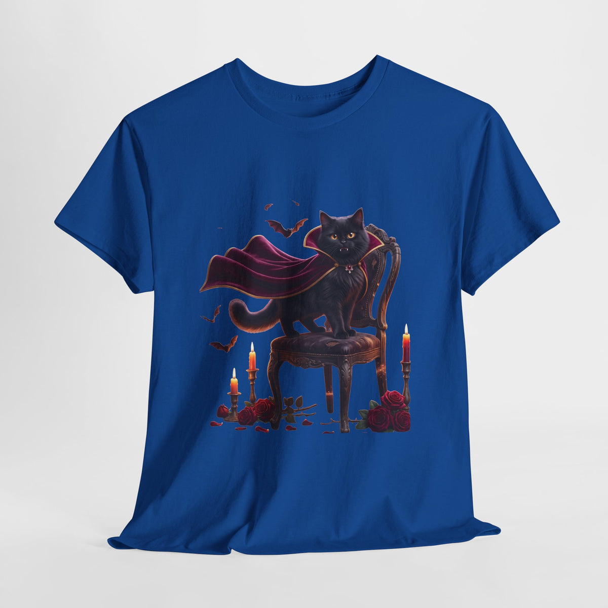 Vampire Cat Tee — Gothic Black Cat with Cape & Candles T-Shirt