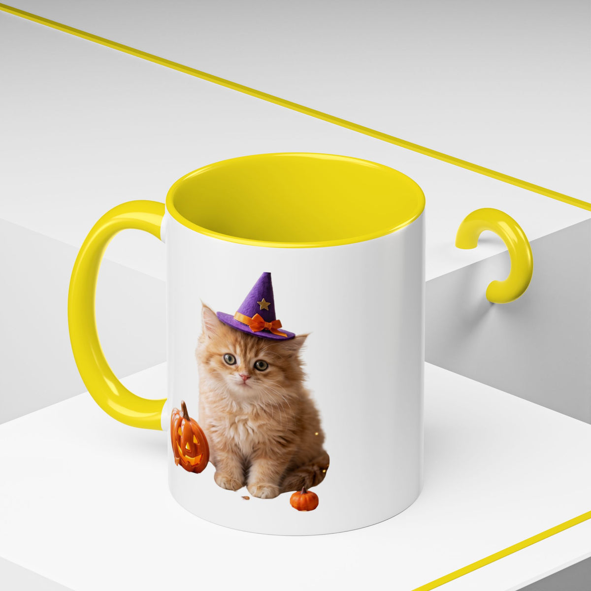 Halloween Cat Coffee Mug with Witch Hat and Pumpkin