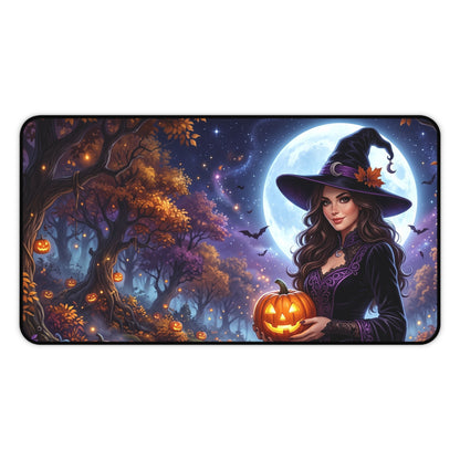Halloween Witch Desk Mat — Moonlit Pumpkin Forest Mouse Pad