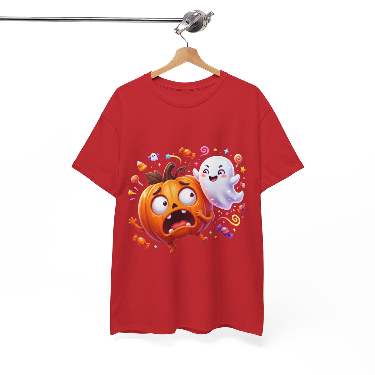 Cute Halloween Pumpkin & Ghost Tee — Scared Pumpkin Candy Graphic T-Shirt