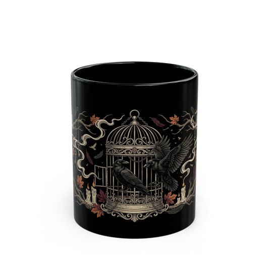 Gothic Raven & Cage Black Coffee Mug — Dark Nature 11oz/15oz