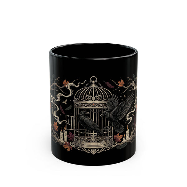 Gothic Raven & Cage Black Coffee Mug — Dark Nature 11oz/15oz