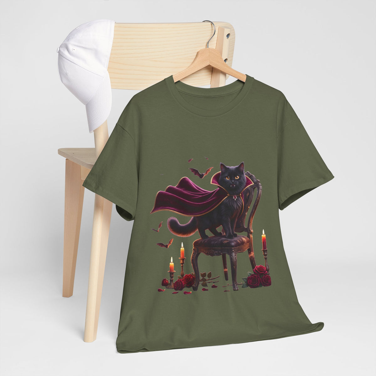 Vampire Cat Tee — Gothic Black Cat with Cape & Candles T-Shirt