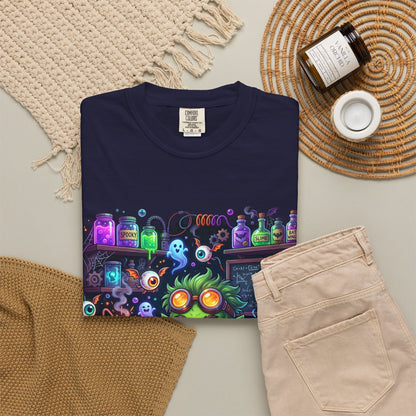 Mad Scientist Cat Lab T-Shirt — Neon Potion Halloween Tee