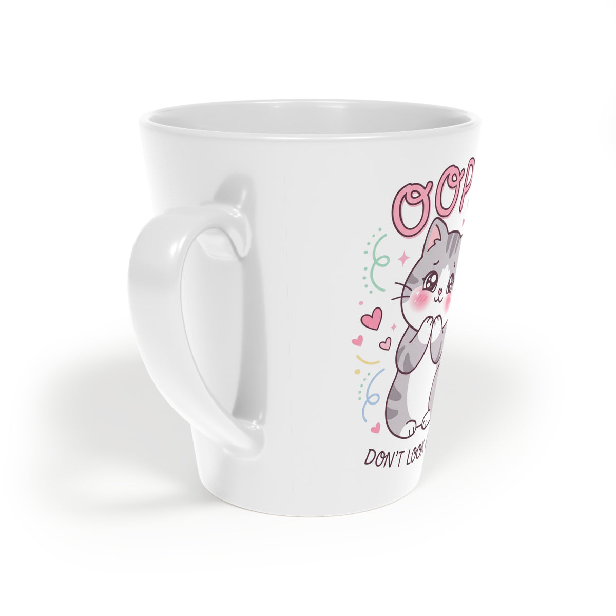 Latte Mug — Cute Kawaii Cat 'Oops! Don't Look' 12oz Ceramic Coffee Cup
