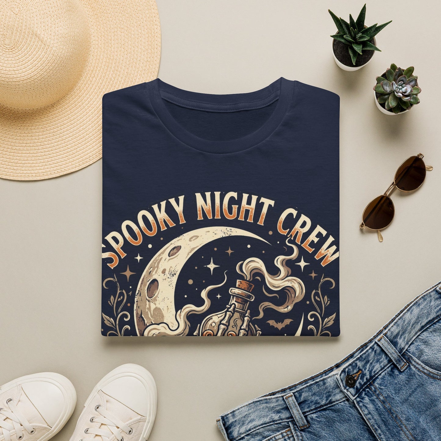 Spooky Night Crew T-Shirt — Vintage Halloween Moon & Skeleton Graphic