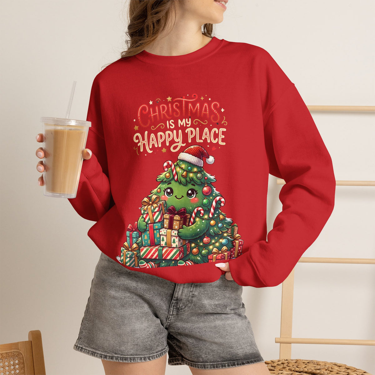 Christmas Happy Place Crewneck Sweatshirt — Cute Kawaii Tree & Gifts Holiday Sweatshirt