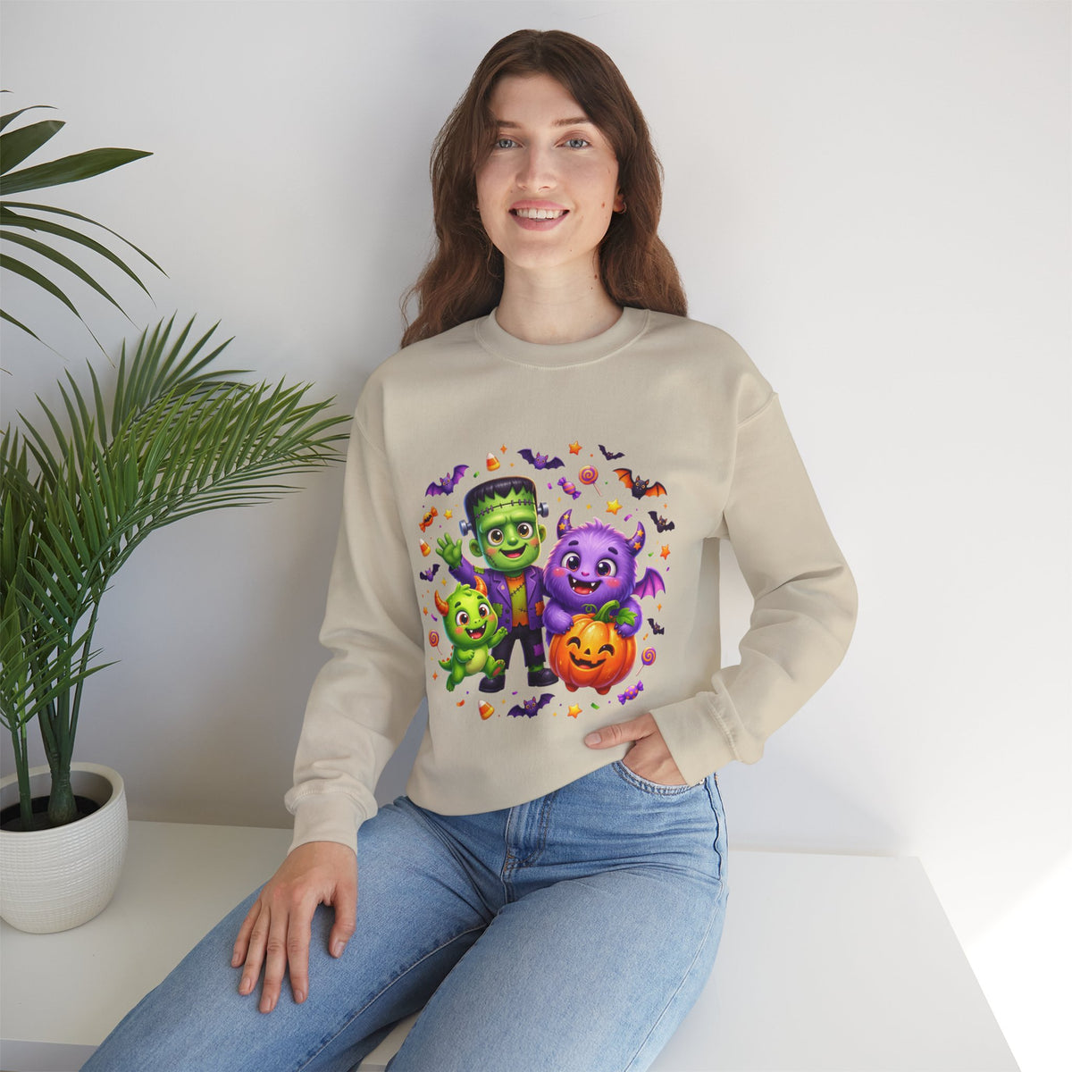 Halloween Monster Crewneck Sweatshirt — Cute Frankenstein, Vampire & Pumpkin Design