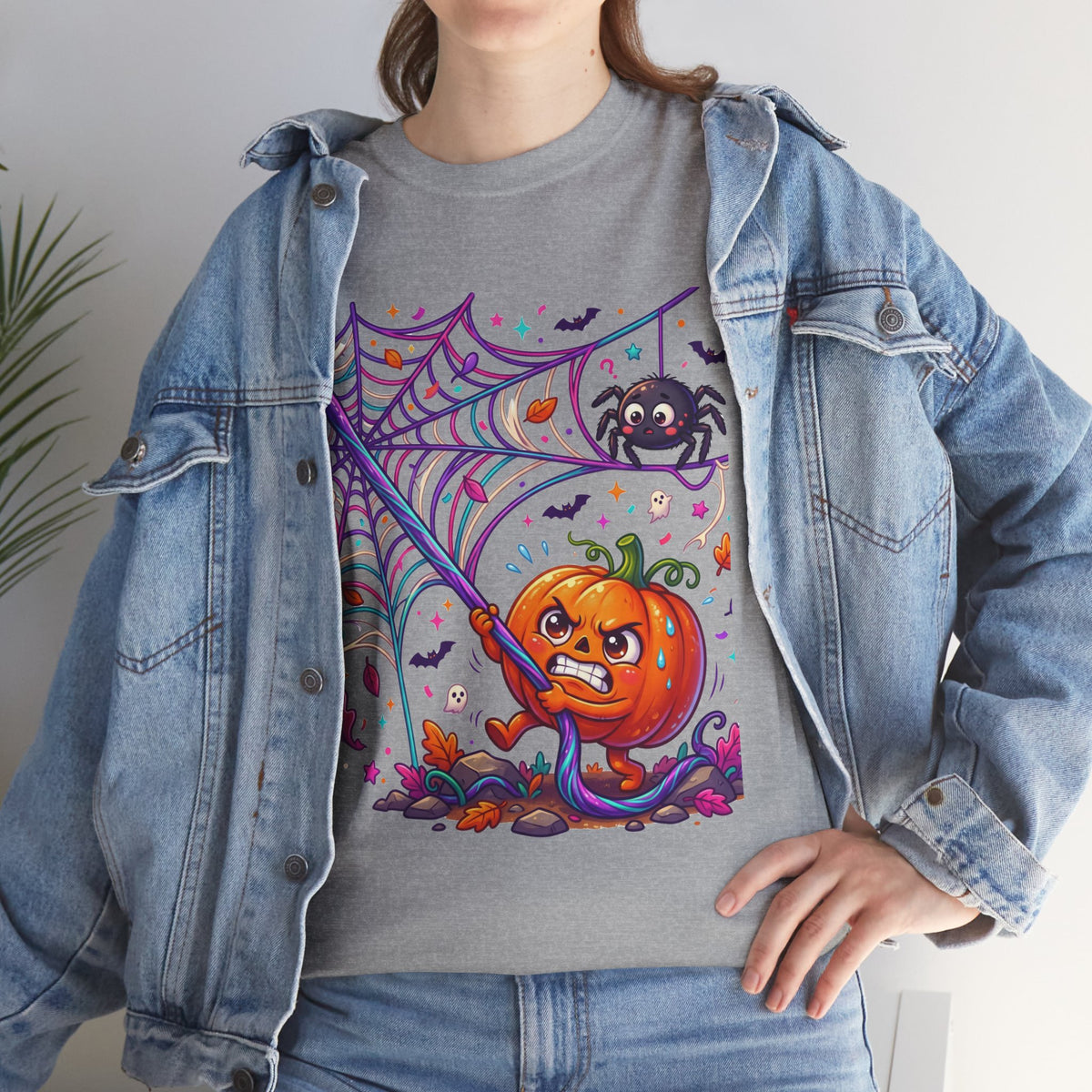 Pumpkin Spider Web Halloween T‑Shirt — Cute Spooky Pumpkin Cartoon Tee