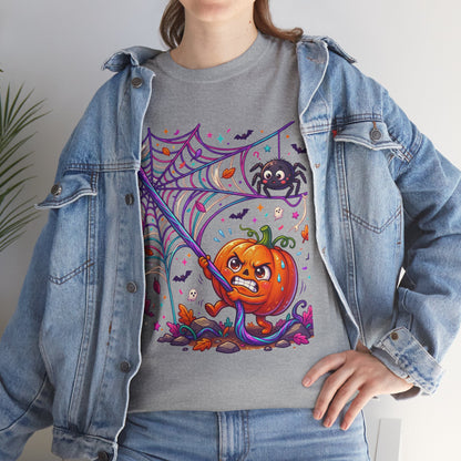 Pumpkin Spider Web Halloween T‑Shirt — Cute Spooky Pumpkin Cartoon Tee