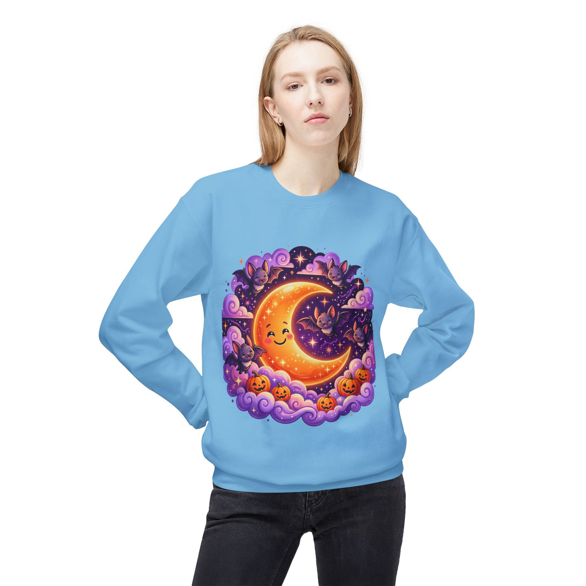 Halloween Moon Crewneck Sweatshirt — Cute Smiling Moon, Pumpkins & Bats Pullover