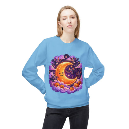 Halloween Moon Crewneck Sweatshirt — Cute Smiling Moon, Pumpkins & Bats Pullover