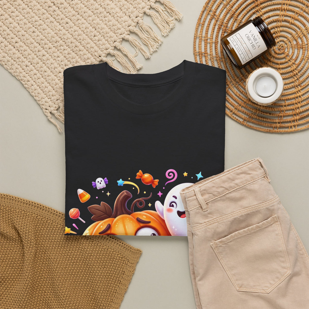 Cute Halloween Pumpkin & Ghost Tee — Scared Pumpkin Candy Graphic T-Shirt