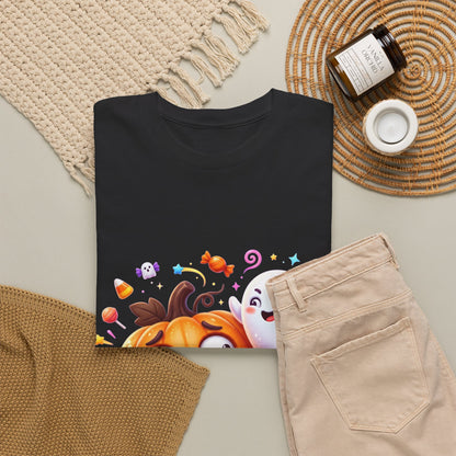 Cute Halloween Pumpkin & Ghost Tee — Scared Pumpkin Candy Graphic T-Shirt
