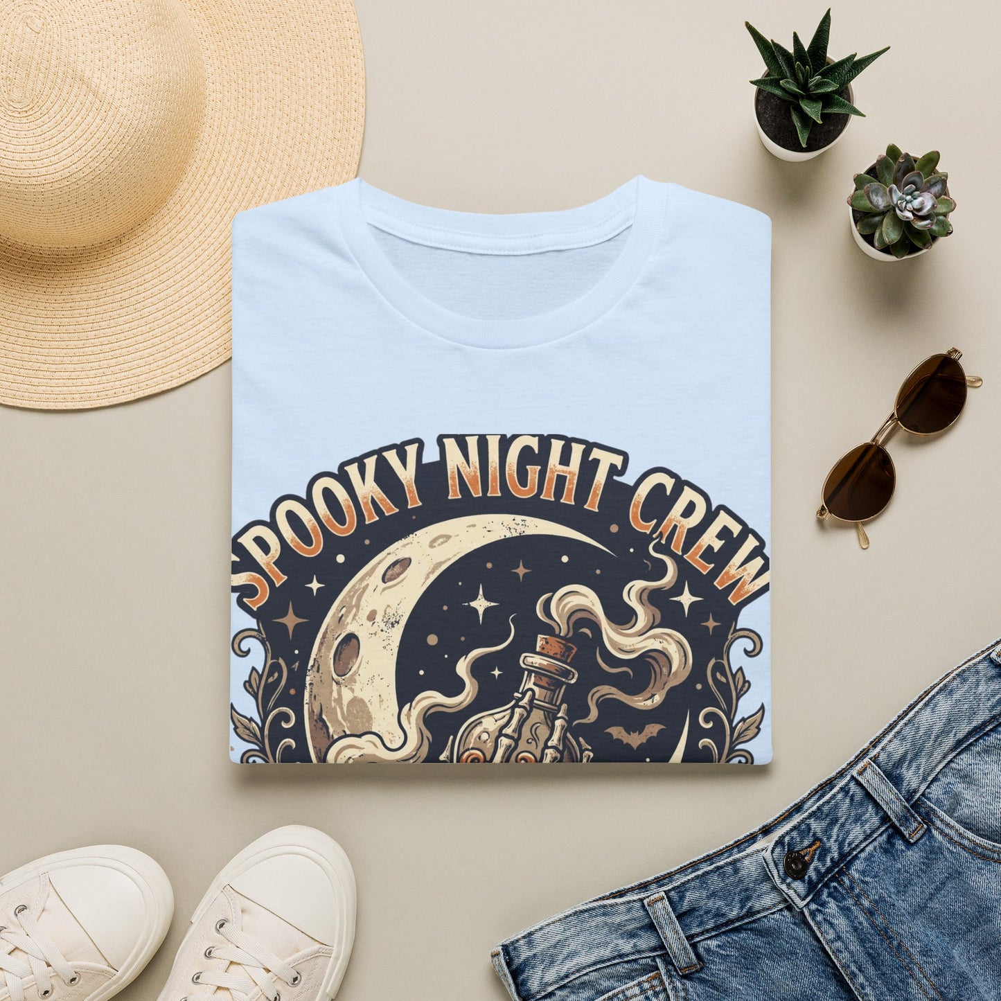 Spooky Night Crew T-Shirt — Vintage Halloween Moon & Skeleton Graphic