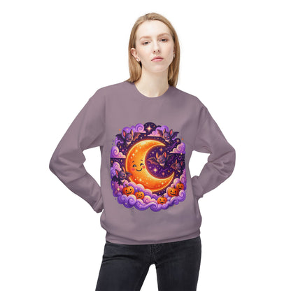 Halloween Moon Crewneck Sweatshirt — Cute Smiling Moon, Pumpkins & Bats Pullover