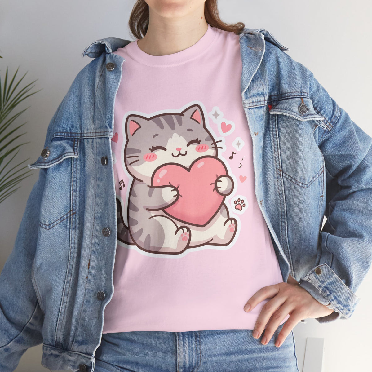 Cute Cat Hugging Heart T-Shirt — Kawaii Valentine Kitty Tee