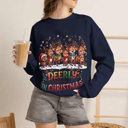 Christmas Reindeer Crewneck Sweatshirt — "Deerly Believed in Christmas" Holiday Pullover