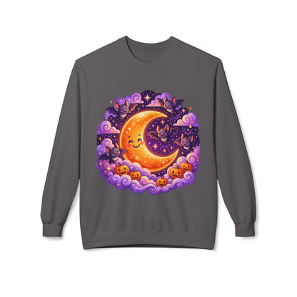 Halloween Moon Crewneck Sweatshirt — Cute Smiling Moon, Pumpkins & Bats Pullover