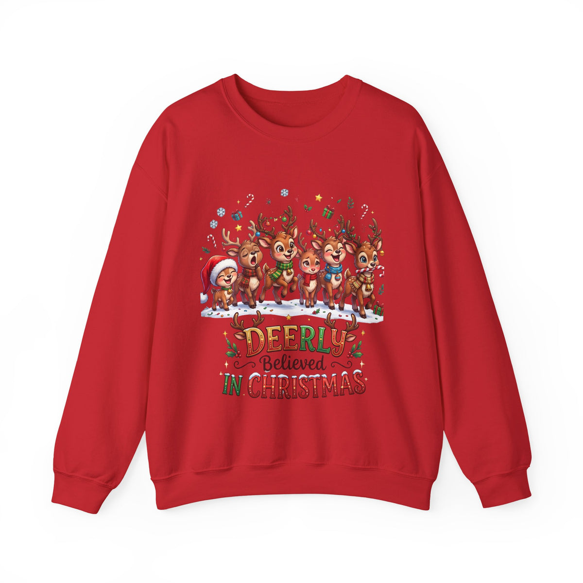 Christmas Reindeer Crewneck Sweatshirt — "Deerly Believed in Christmas" Holiday Pullover