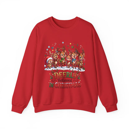 Christmas Reindeer Crewneck Sweatshirt — "Deerly Believed in Christmas" Holiday Pullover