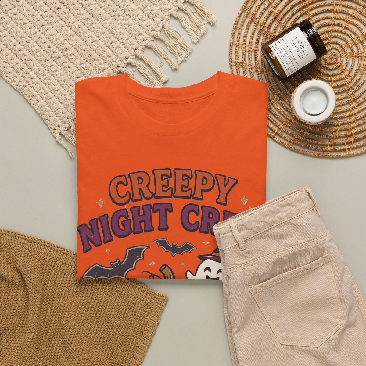 Creepy Night Crew Halloween T‑Shirt — Pumpkin & Ghost Graphic Tee