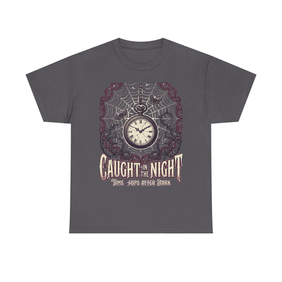 Caught in the Night Pocket Watch Tee — Gothic Spiderweb Vintage Clock T‑Shirt