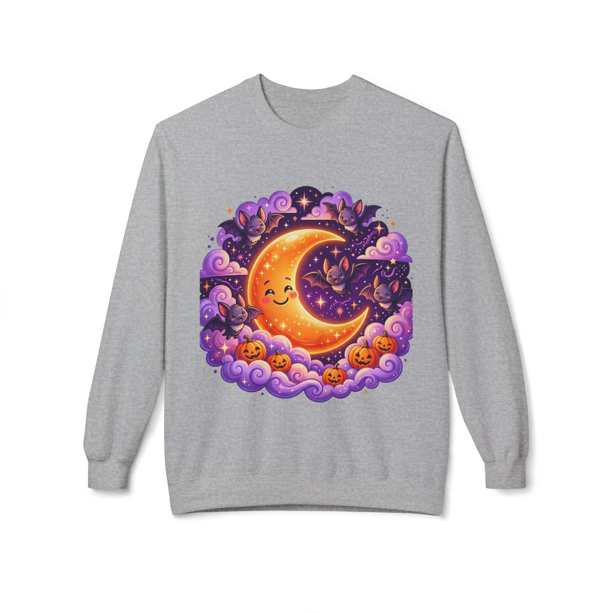 Halloween Moon Crewneck Sweatshirt — Cute Smiling Moon, Pumpkins & Bats Pullover