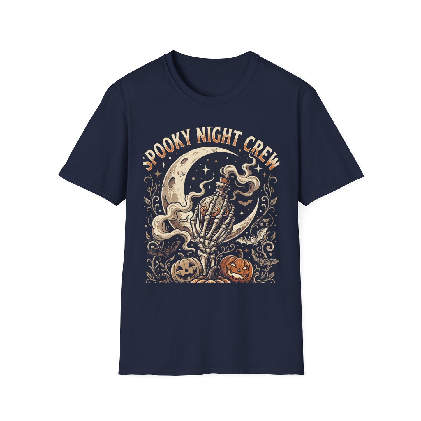 Spooky Night Crew T-Shirt — Vintage Halloween Moon & Skeleton Graphic
