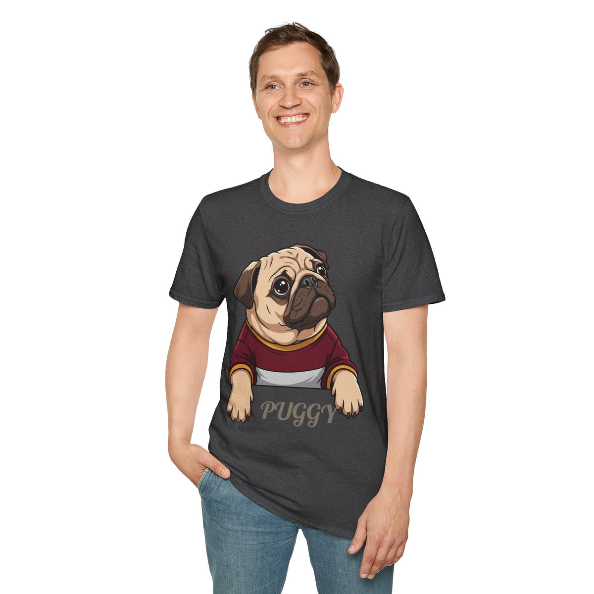 Pug Portrait T‑Shirt – Cute Pug Dog Tee with 'Puggy' Text