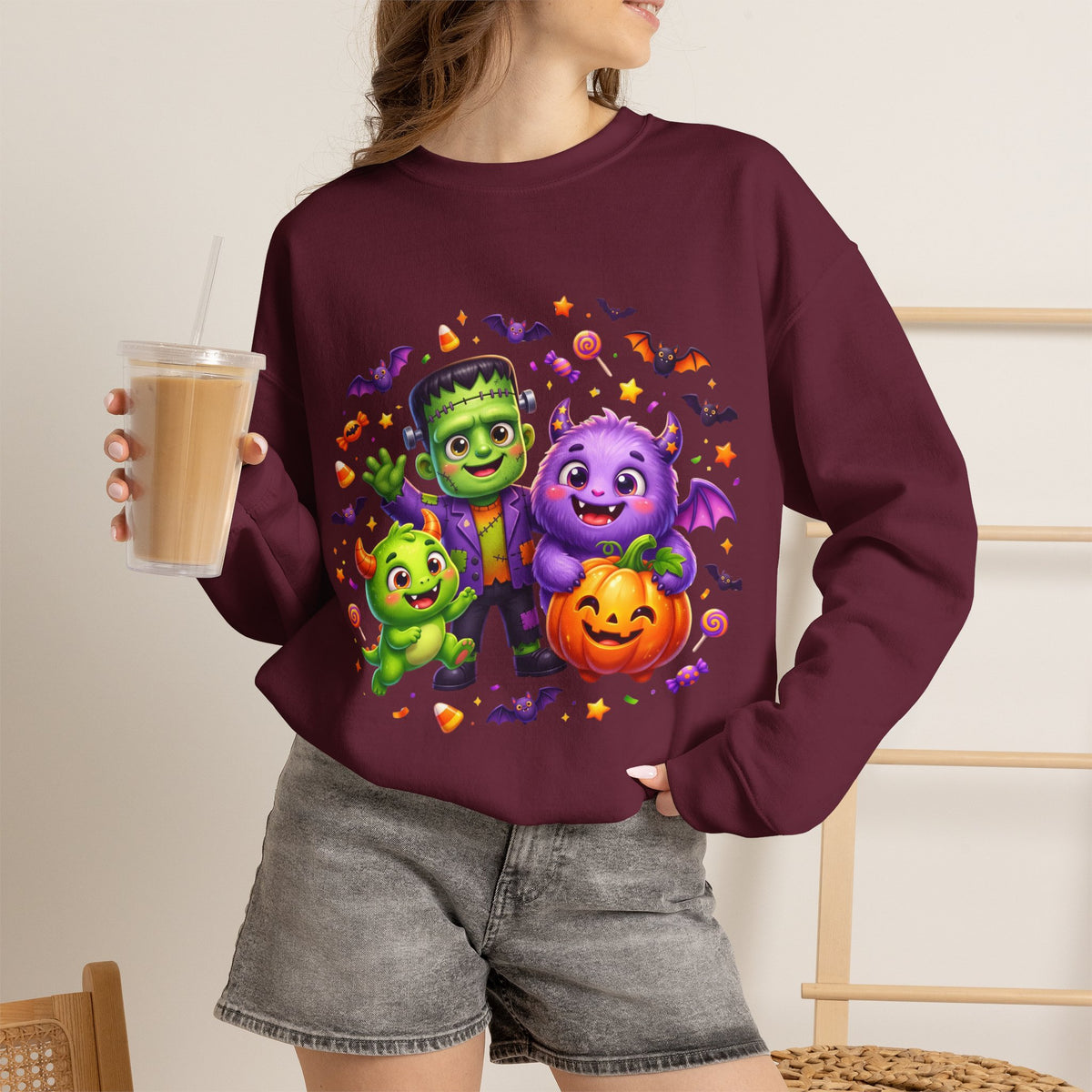 Halloween Monster Crewneck Sweatshirt — Cute Frankenstein, Vampire & Pumpkin Design