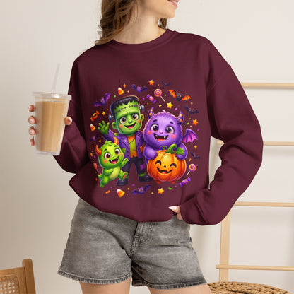 Halloween Monster Crewneck Sweatshirt — Cute Frankenstein, Vampire & Pumpkin Design