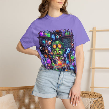 Mad Scientist Cat Lab T-Shirt — Neon Potion Halloween Tee